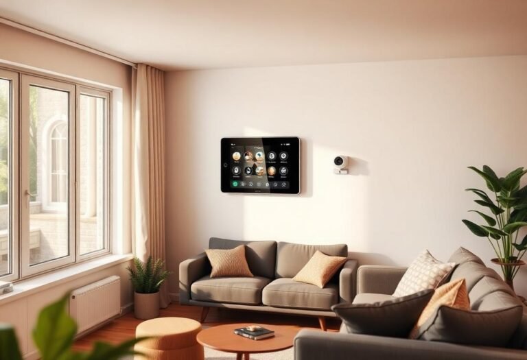 Living room with a wall-mounted smart home security touchscreen panel and camera