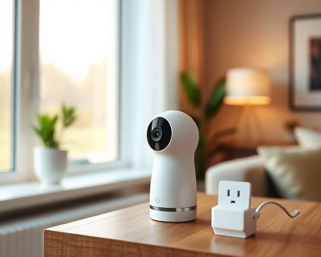 A white smart security camera and a compact smart plug sitting on a wooden console table in a modern living room