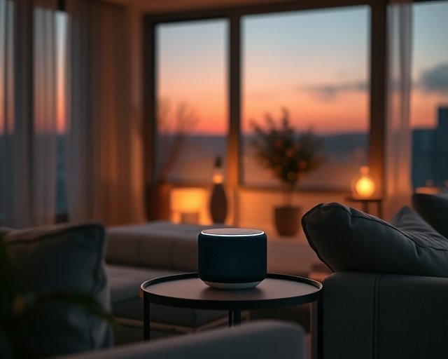 Smart speaker on a side table in a cozy living room at dusk, illustrating whether smart speakers are always listening