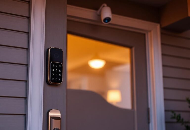 Smart lock keypad and security camera mounted on a front door at dusk, representing Vivint and ADT monitored home security