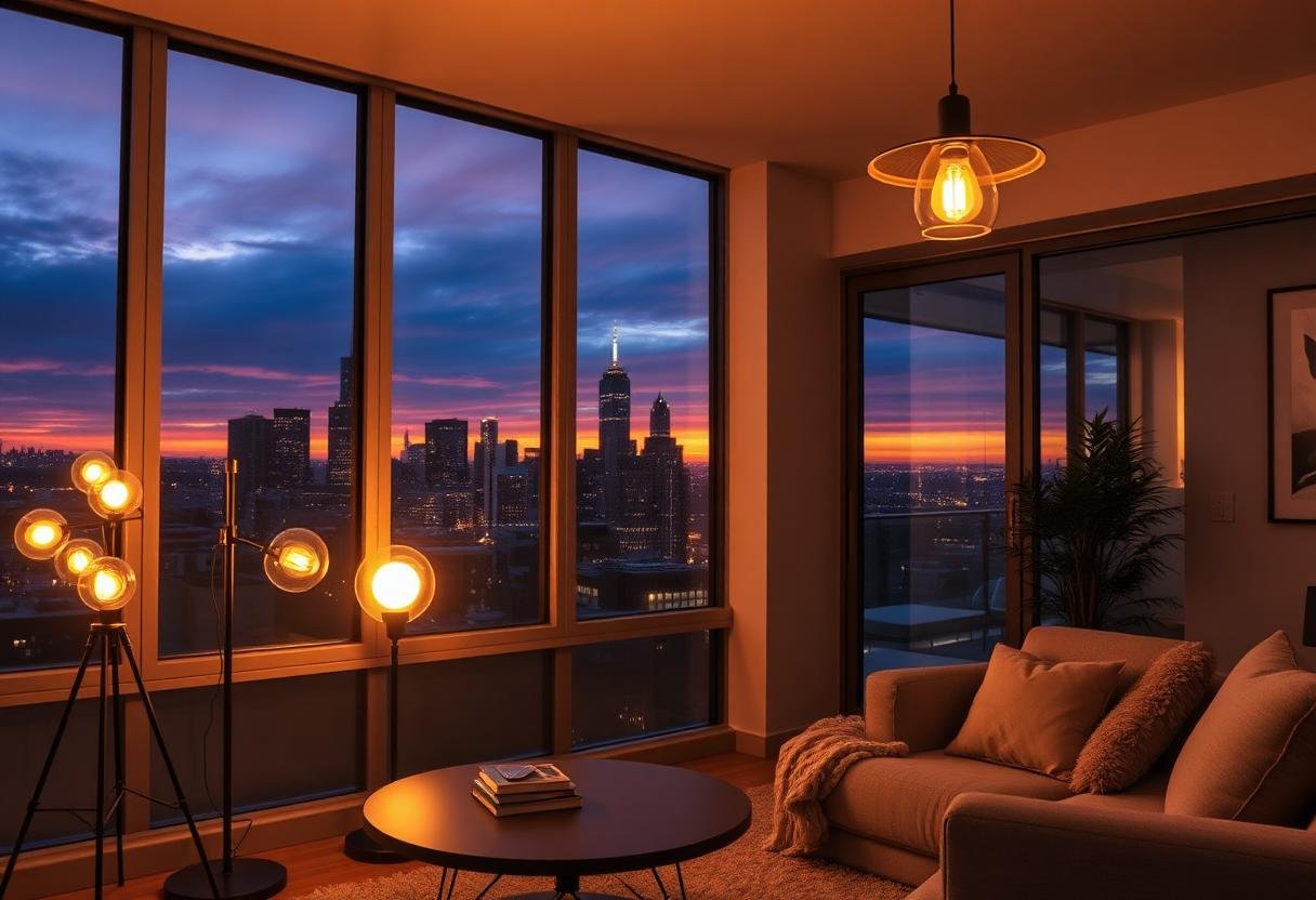 Cozy living room with warm smart lights glowing at dusk, set on an automated schedule