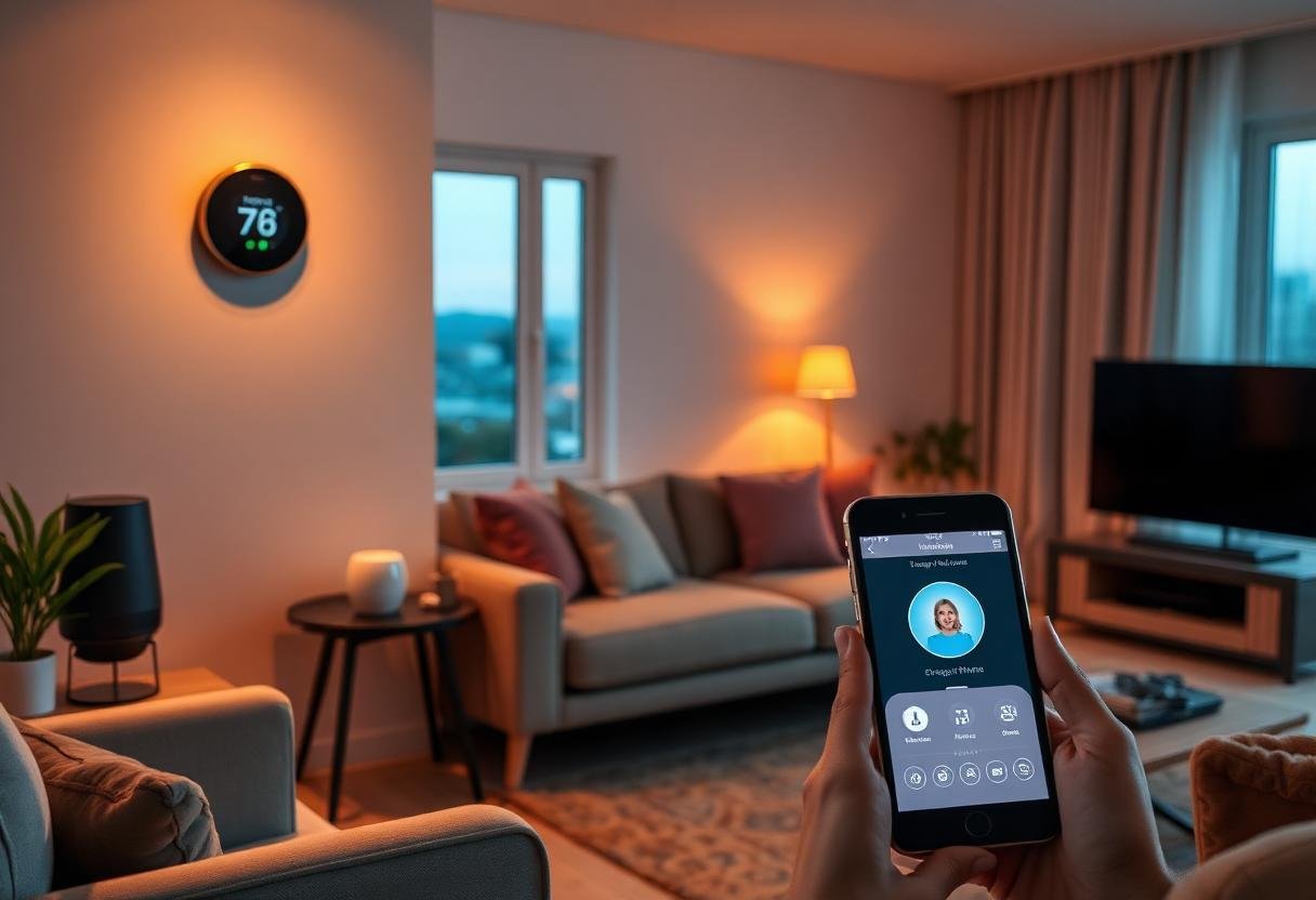 Living room with a smart thermostat, smart speaker, and a phone controlling a smart home app