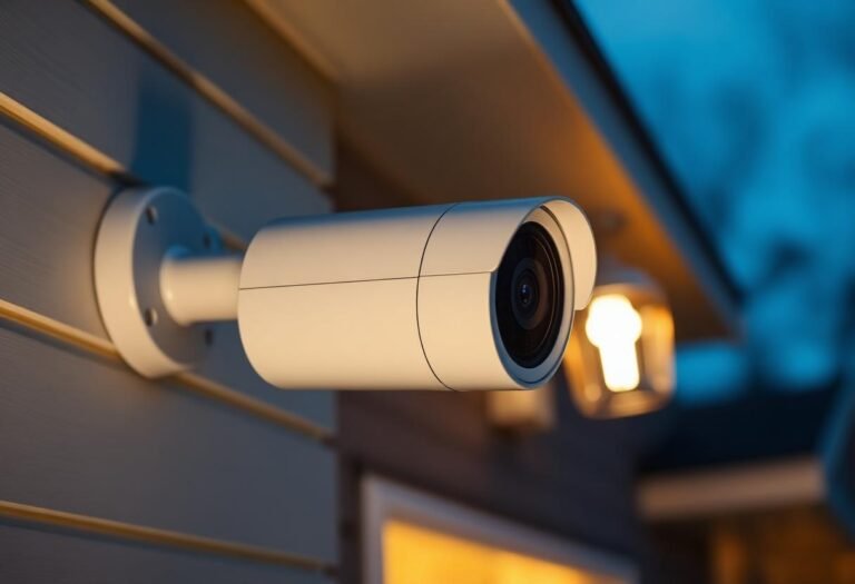 Close-up of a white outdoor security camera mounted on a house wall at dusk, recording locally without a cloud subscription
