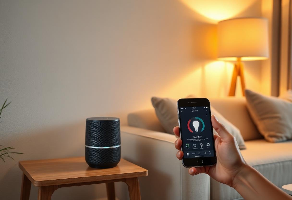 Person controlling a smart speaker and living room lighting from a phone app, a beginner smart home setup