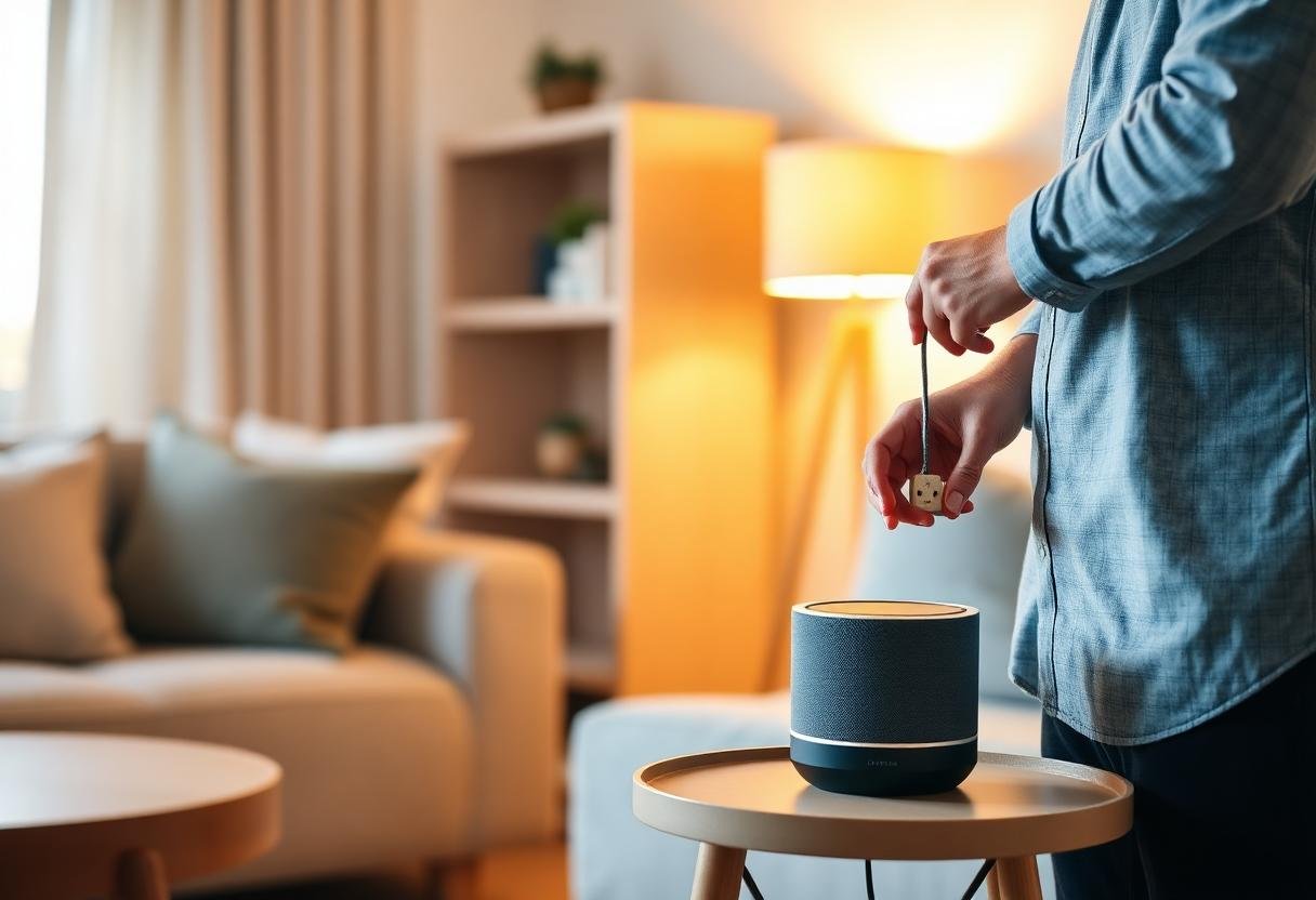 Person setting up a smart plug next to a smart speaker in a budget-friendly living room