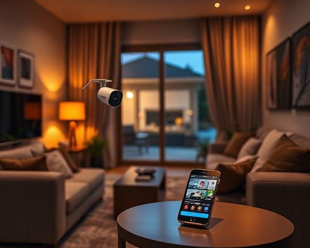 A smart security camera and a smartphone showing a home security app in a modern living room