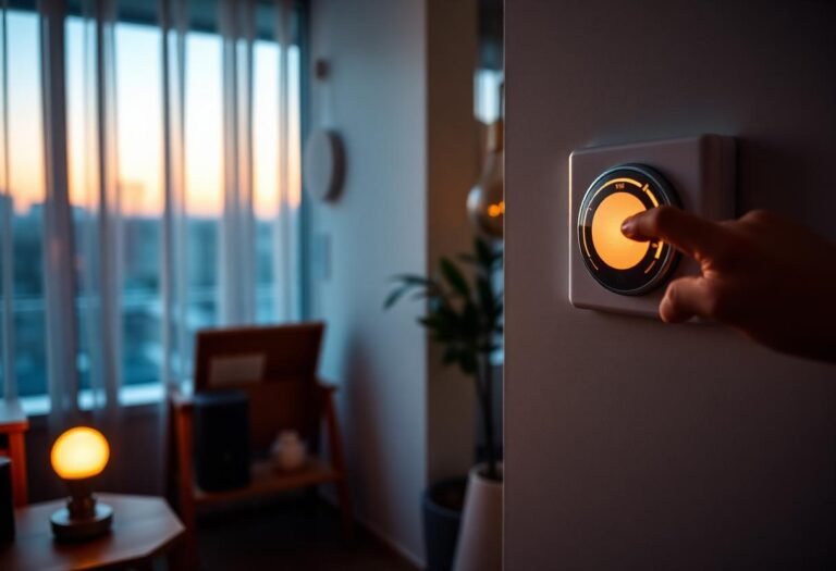 Hand adjusting a wall-mounted smart thermostat in a cozy living room with a smart bulb and smart speaker nearby