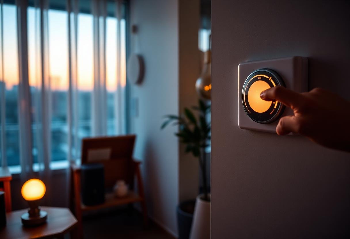 Hand adjusting a wall-mounted smart thermostat in a cozy living room with a smart bulb and smart speaker nearby