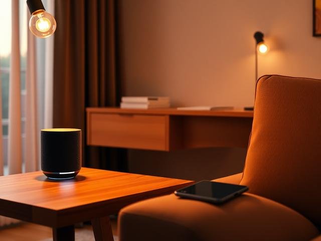 Smart speaker and phone in a cozy living room, representing a HomeKit automation running a Shortcut