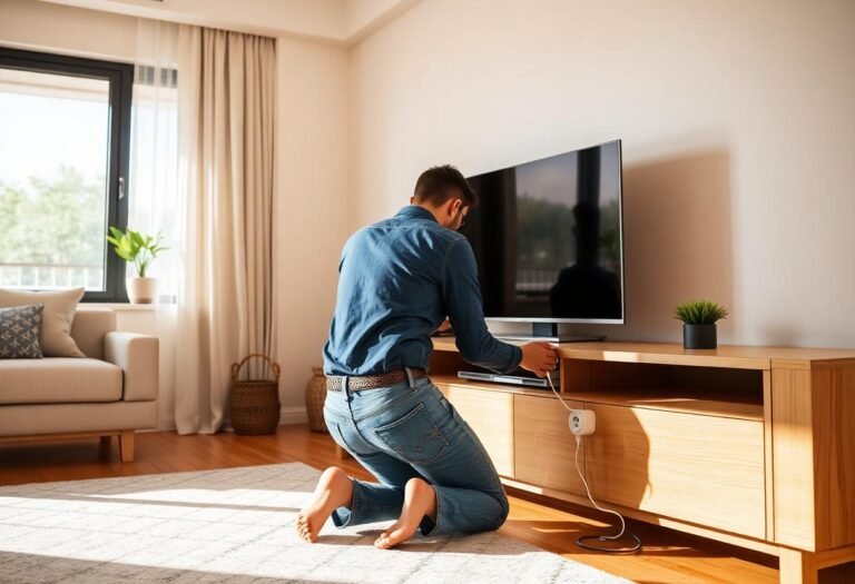 Person kneeling by a TV console installing a smart home hub and plugging in a smart plug