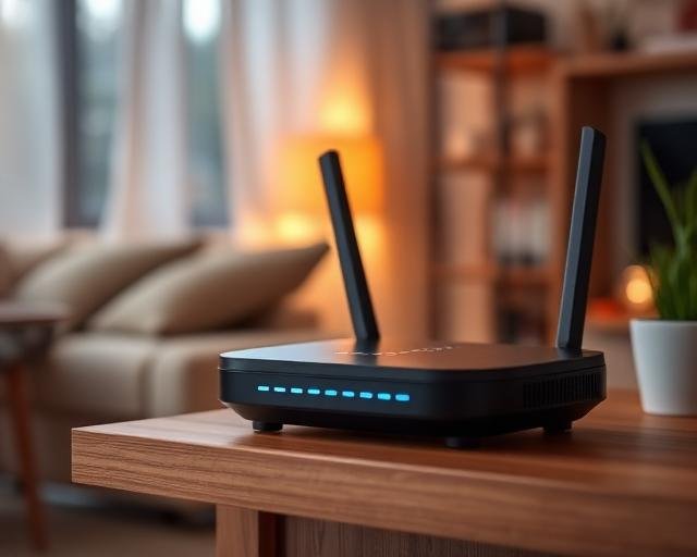 A modern Wi-Fi mesh router with glowing status lights on a wooden shelf in a living room