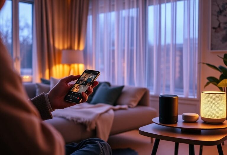 Person using a smartphone app to control smart lights and a smart speaker in a cozy living room