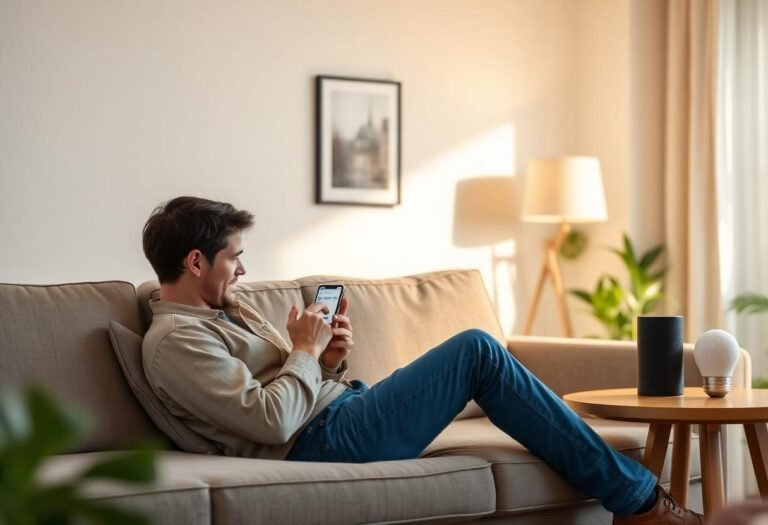 Man sitting on a couch using a smartphone app to set up smart home automation, with a smart speaker and smart bulb on a side table