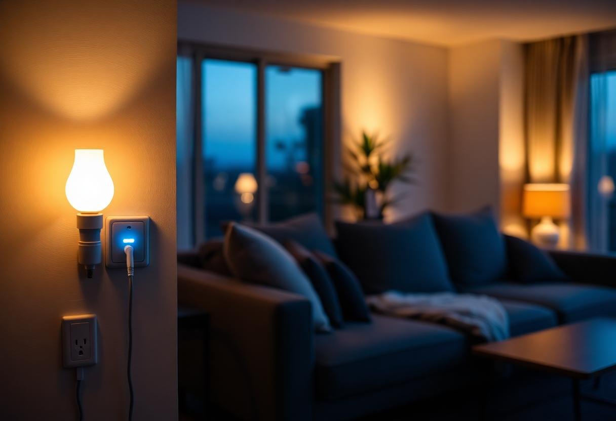 Smart plug with indicator light powering a lamp in a cozy living room at dusk