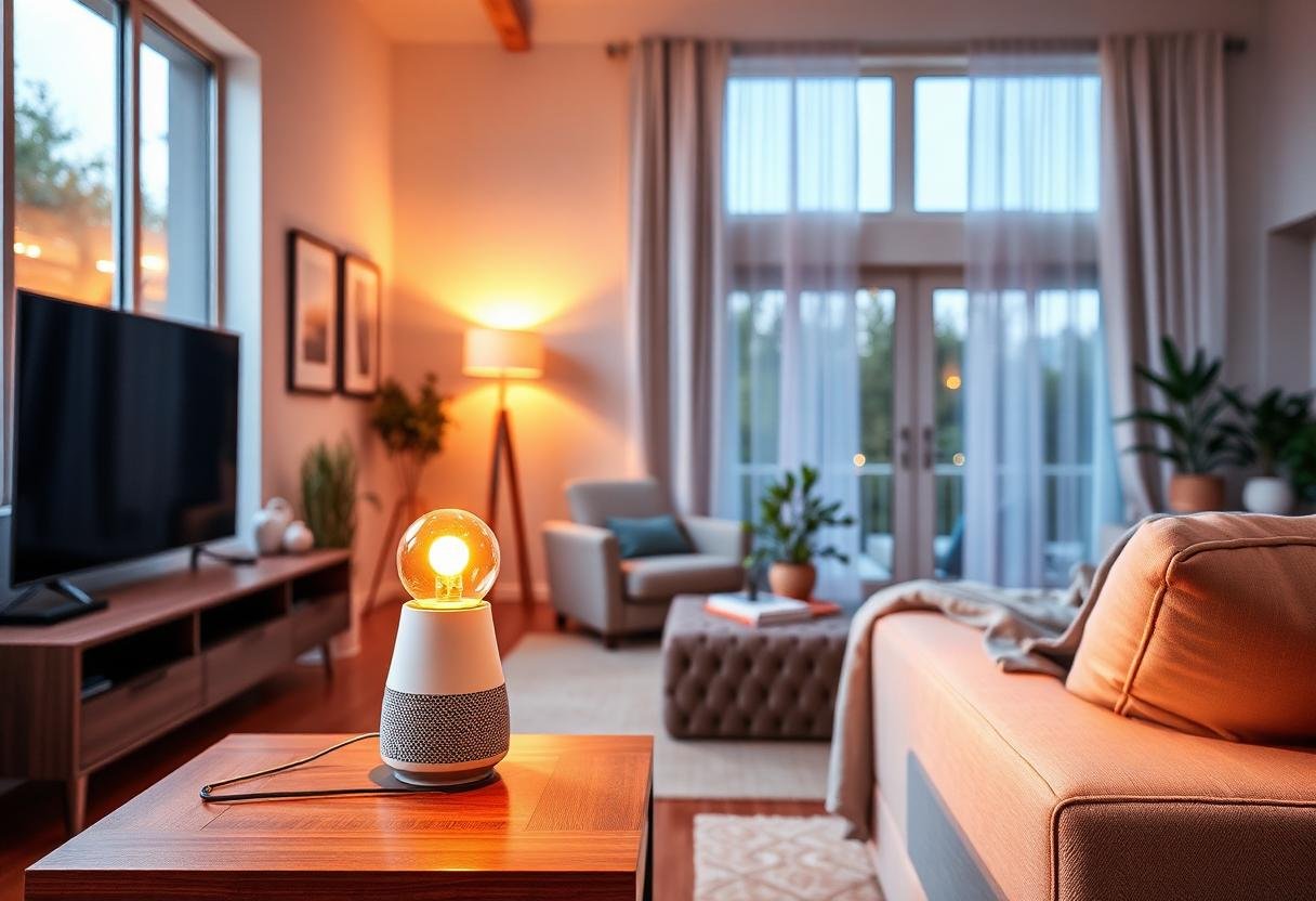Bright living room with a smart speaker and glowing smart bulb on a coffee table, illustrating smart home automation cost per room