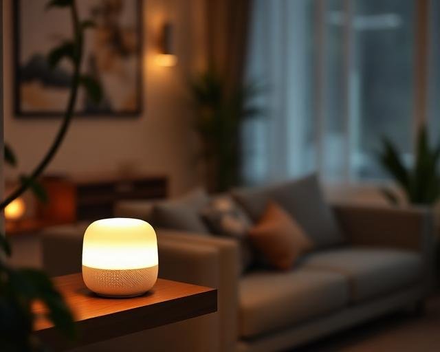 Smart home hub device glowing softly on a shelf in a cozy living room, representing smart home data privacy