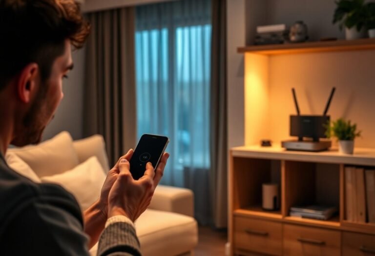 Person using a smartphone near a wireless router while troubleshooting a smart home device that won't connect to Wi-Fi