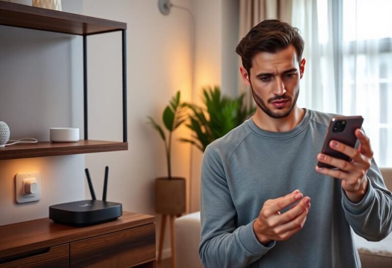 Person checking a smart home app on their phone near a router and smart plug that keeps going offline