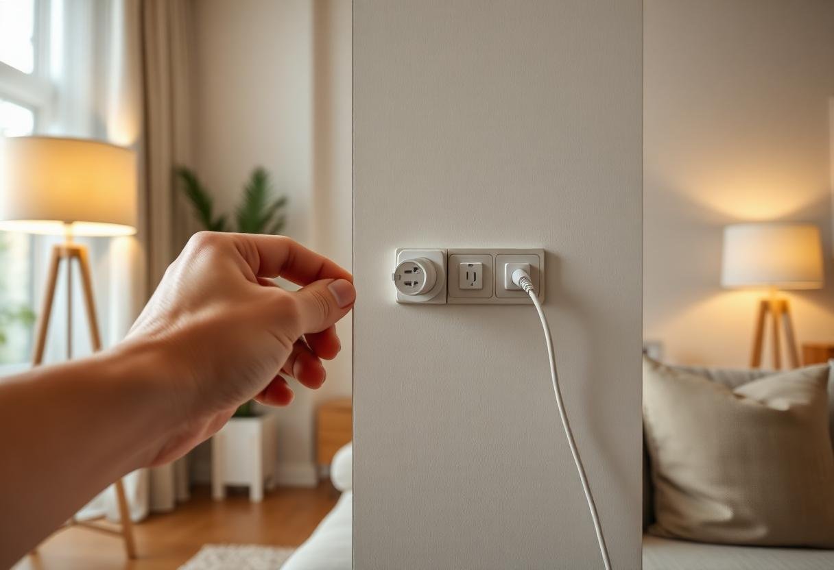Hand plugging a smart plug into a wall outlet in a cozy modern living room