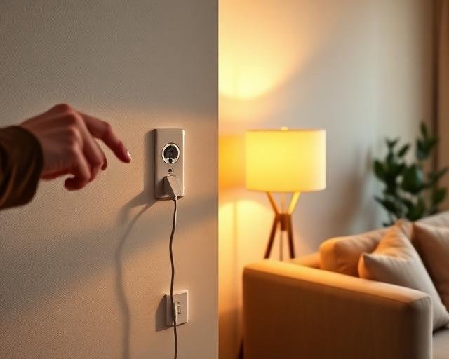 Person plugging a smart plug into a wall outlet next to a lit lamp in a cozy living room