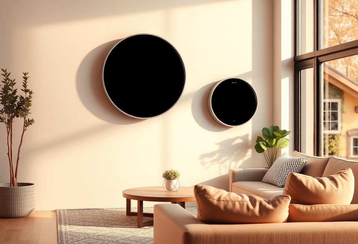Modern living room with wall-mounted smart home devices representing smart home vs home automation