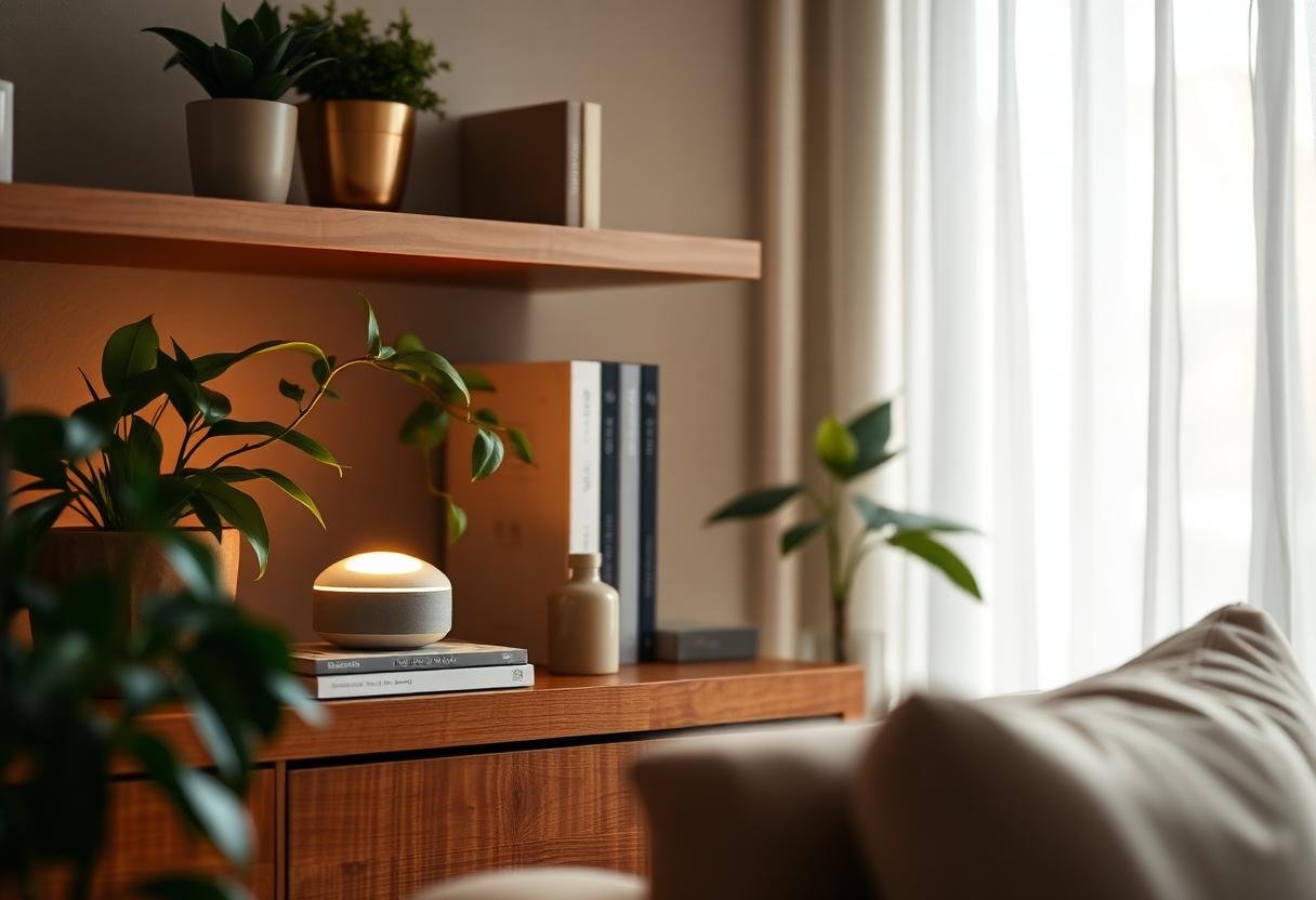 Small smart home hub glowing on a wooden shelf in a cozy living room