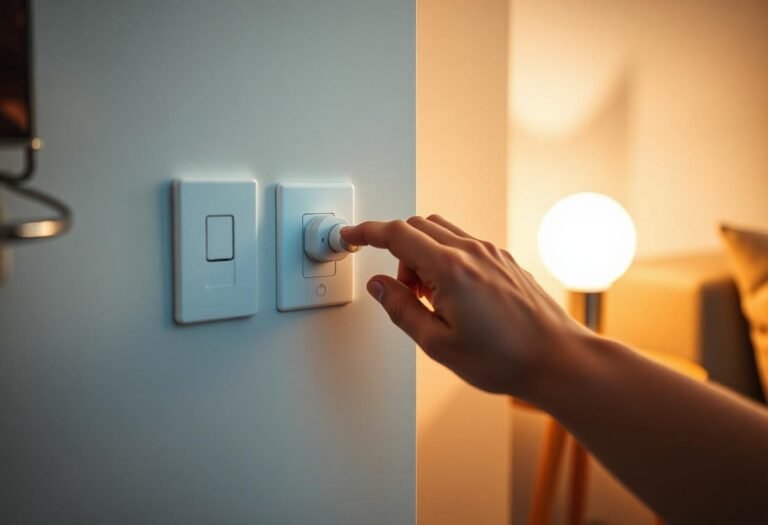 Hand adjusting a smart plug on a wall outlet beside a glowing smart bulb lamp in a living room
