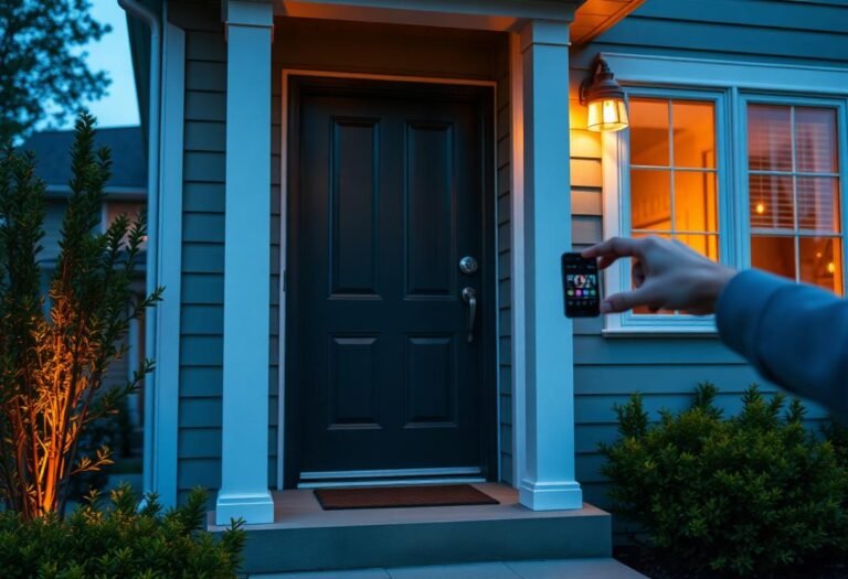 A hand using a smartphone to control a smart lock on a home's front door at dusk, representing ADT smart home automation