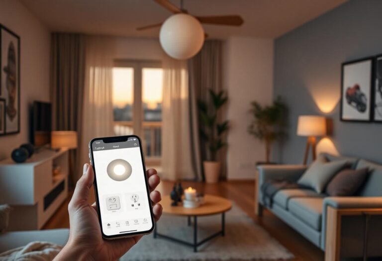 Person controlling a smart bulb through a phone app in a living room