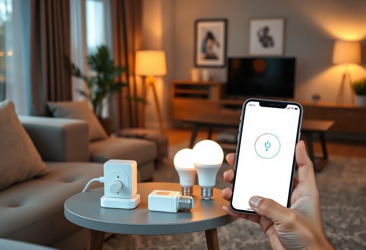 Hand holding a phone app next to a smart plug and smart bulbs on a living room side table