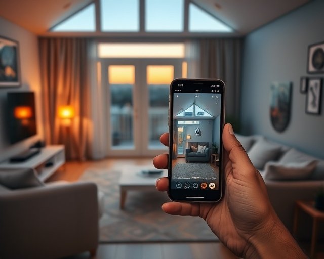 Person checking a smart security camera live view on a smartphone in a modern living room