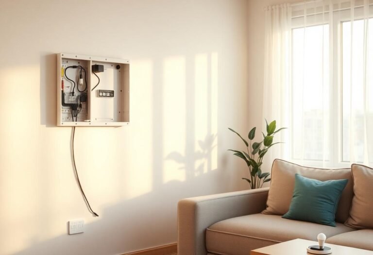 Open low-voltage wiring panel beside a wireless smart hub and bulb in a modern living room